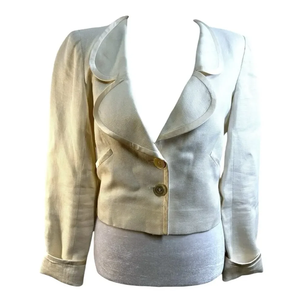VALENTINO Vintage Ivory Linen Crop Blazer with silk trim SZ 4